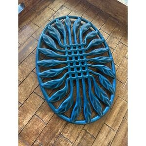 Invicta France Cast Iron Trivet Oval Teal Blue Enamel Sunburst Floral Leaf 10in